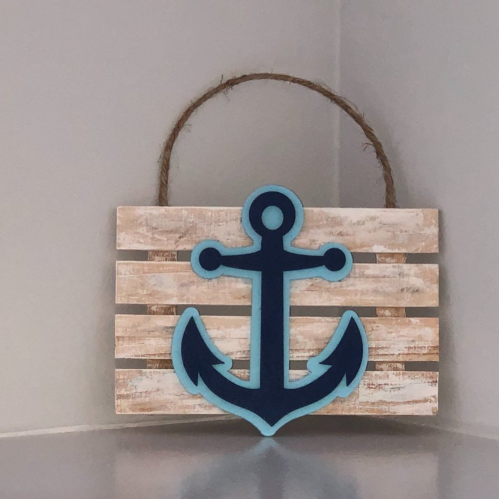 NEW Fun Nautical Wood w Navy Anchor Beachy!